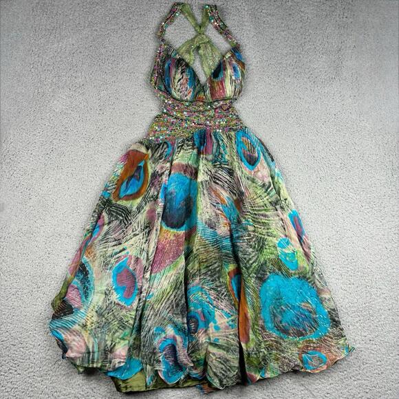 Jovani Dresses & Skirts - Jovani Women’s 2 Peacock Print Sequin Silk Open Back Halter Long Prom Gown Dress